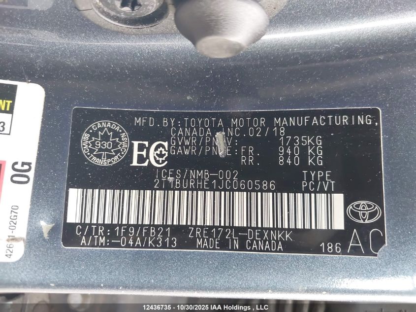 2018 Toyota Corolla Le VIN: 2T1BURHE1JC060586 Lot: 12436735