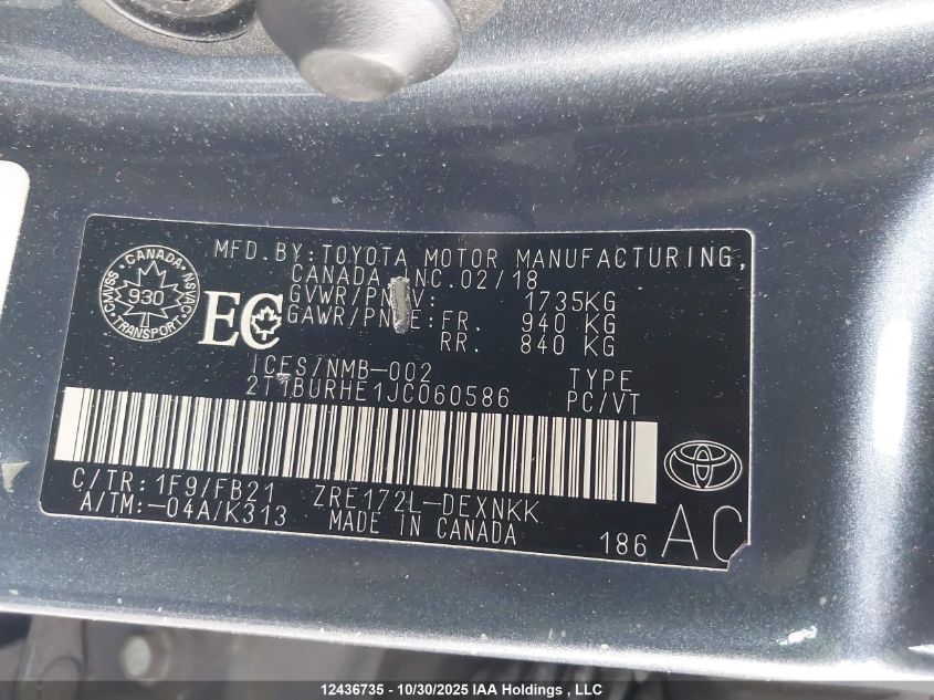 2018 Toyota Corolla Le VIN: 2T1BURHE1JC060586 Lot: 12436735