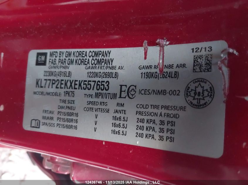 2014 Chevrolet Orlando 1Lt/2Lt VIN: KL77P2EKXEK557653 Lot: 12436746