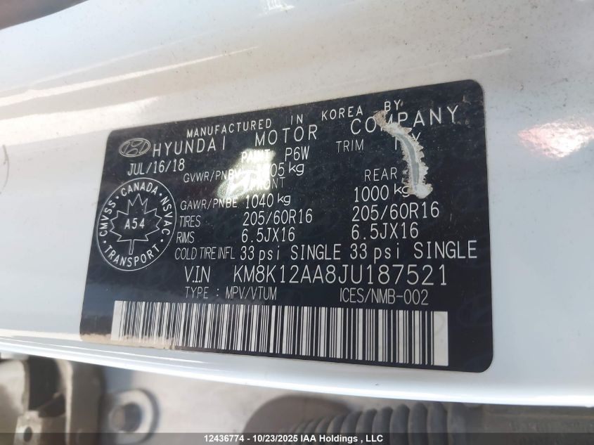 2018 Hyundai Kona 2.0L Essential VIN: KM8K12AA8JU187521 Lot: 12436774