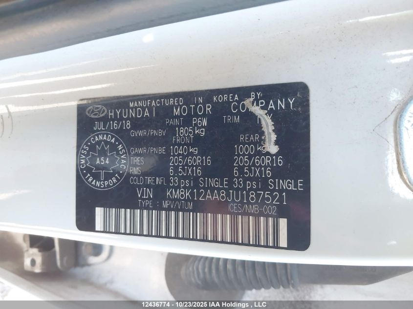 2018 Hyundai Kona 2.0L Essential VIN: KM8K12AA8JU187521 Lot: 12436774