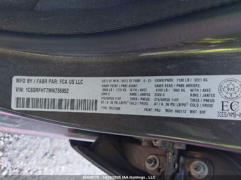 2021 Ram 1500 Limited VIN: 1C6SRFHT7MN736952 Lot: 12436778