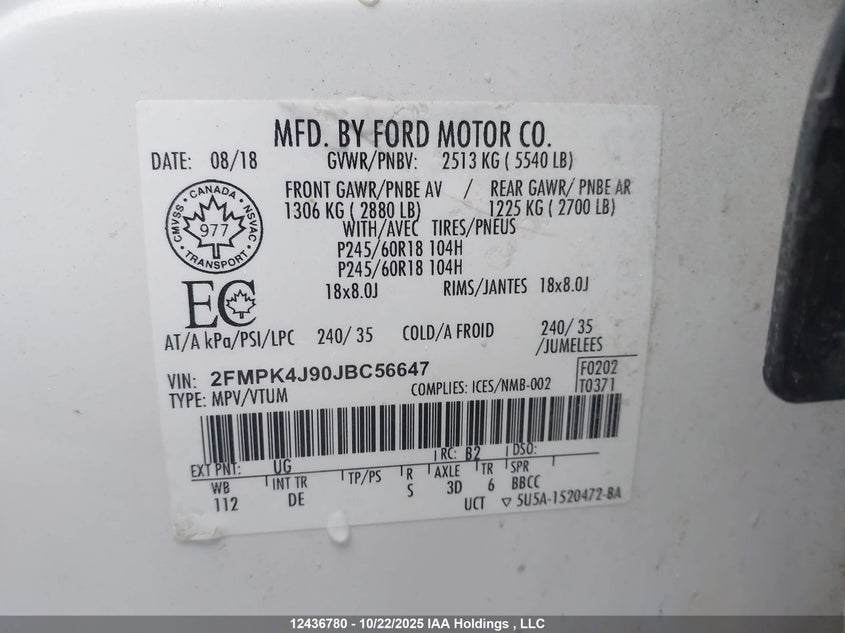 2FMPK4J90JBC56647 2018 FORD EDGE photo no. 9