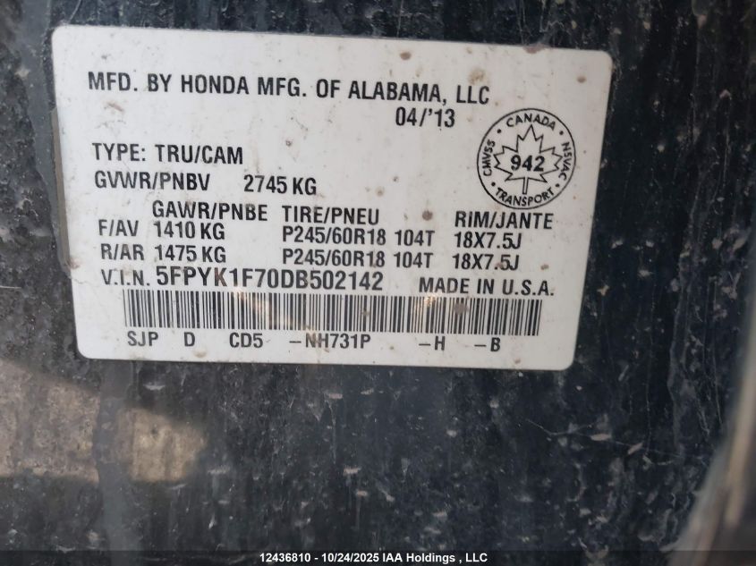 2013 Honda Ridgeline Sport VIN: 5FPYK1F70DB502142 Lot: 12436810