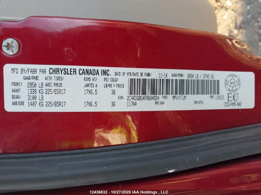 2015 Dodge Grand Caravan Se/Sxt VIN: 2C4RDGBG4FR604924 Lot: 12436832