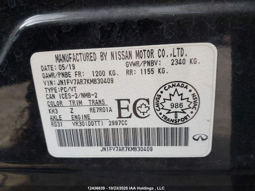 2019 Infiniti Q50 VIN: JN1FV7AR7KM830409 Lot: 12436839