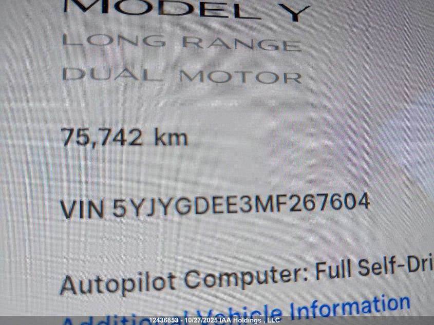 2021 Tesla Model Y Long Range VIN: 5YJYGDEE3MF267604 Lot: 12436853