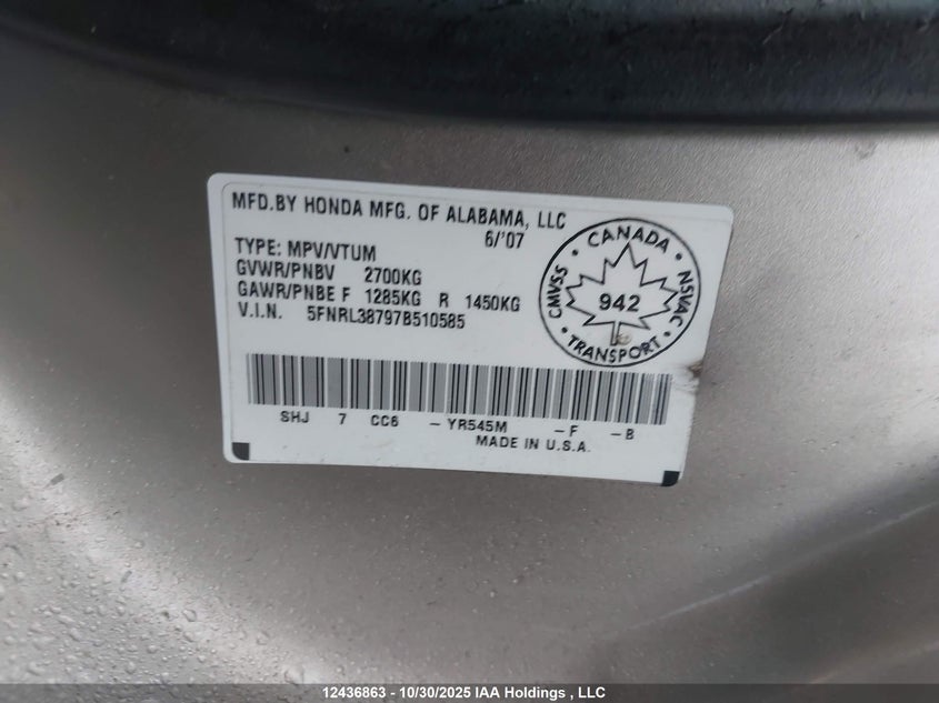 5FNRL38797B510585 2007 HONDA ODYSSEY photo no. 9