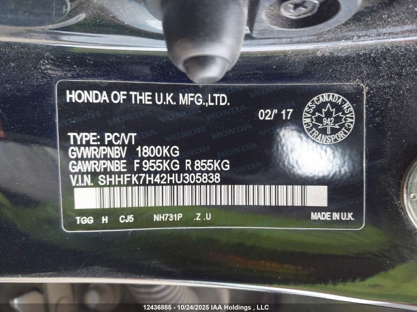 2017 Honda Civic Sport VIN: SHHFK7H42HU305838 Lot: 12436885