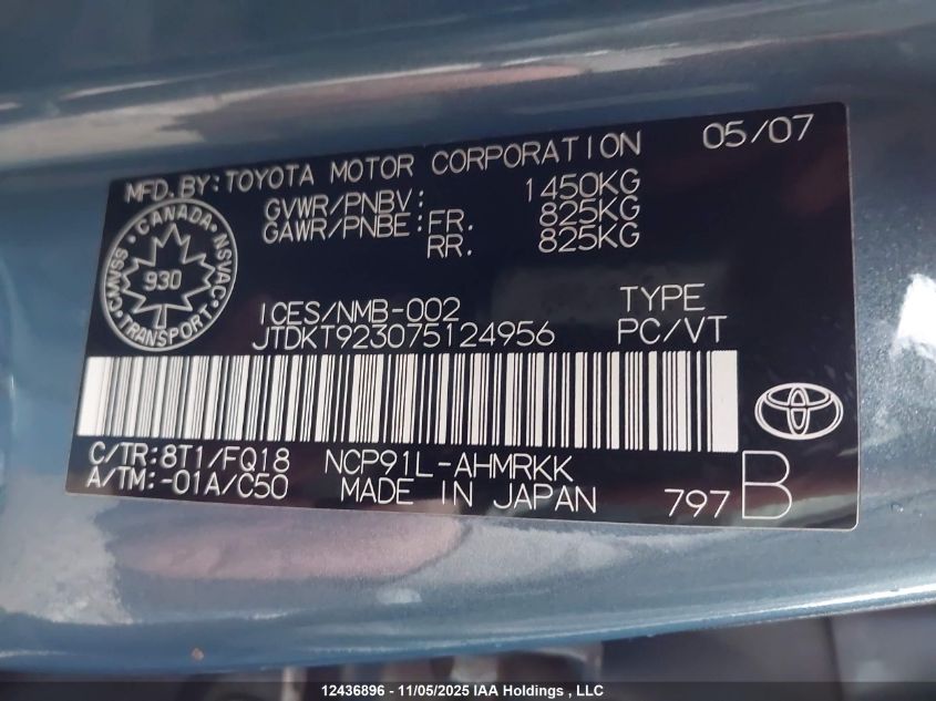 2007 Toyota Yaris VIN: JTDKT923075124956 Lot: 12436896