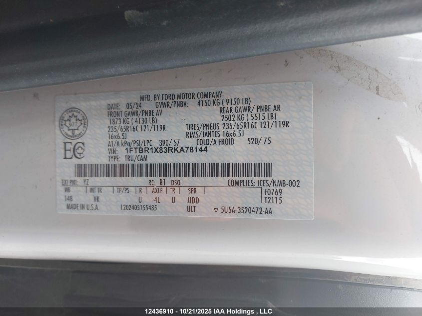 2024 Ford Transit T-250 VIN: 1FTBR1X83RKA78144 Lot: 12436910