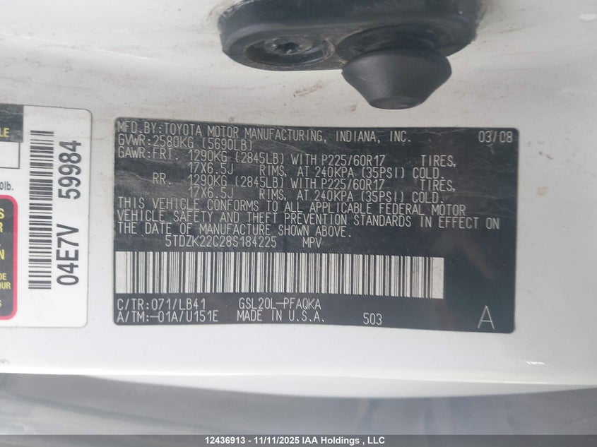 5TDZK22C28S184225 2008 TOYOTA SIENNA photo no. 9
