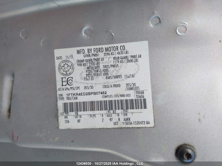 1FTKR4ED2BPB07482 2011 FORD RANGER photo no. 9