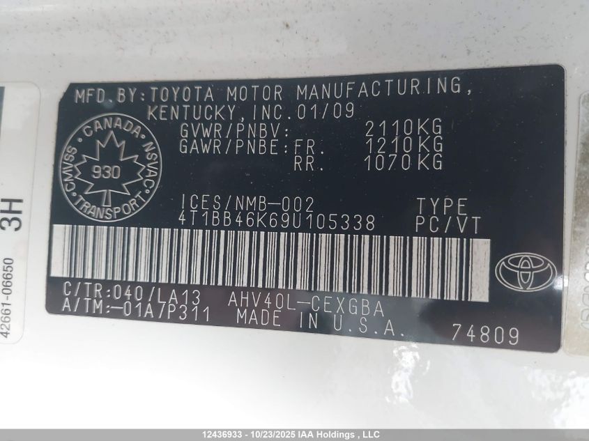 2009 Toyota Camry Hybrid VIN: 4T1BB46K69U105338 Lot: 12436933