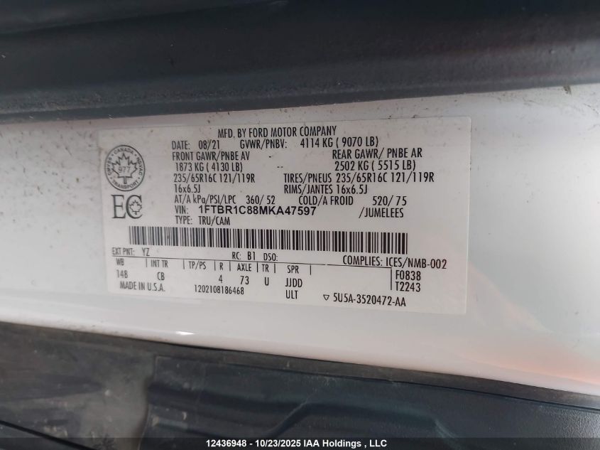 2021 Ford Transit T-250 VIN: 1FTBR1C88MKA47597 Lot: 12436948