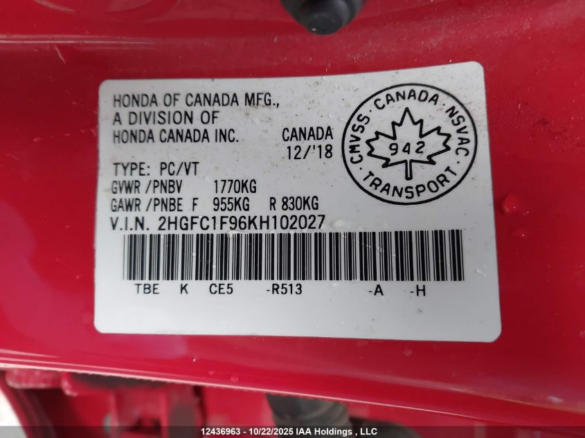 2019 Honda Civic Touring VIN: 2HGFC1F96KH102027 Lot: 12436963