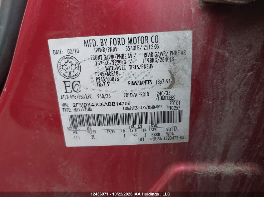 2010 Ford Edge VIN: 2FMDK4JC6ABB14706 Lot: 12436971