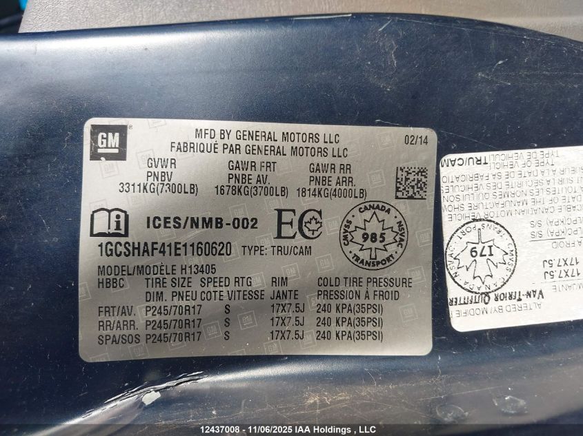 2014 Chevrolet Express 1500 1Wt VIN: 1GCSHAF41E1160620 Lot: 12437008