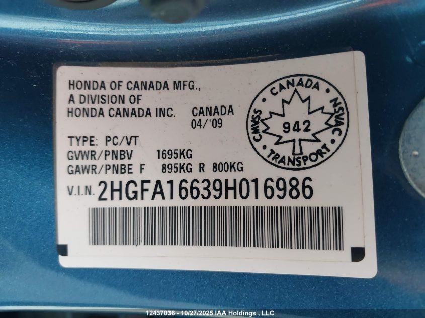 2009 Honda Civic Lx-S VIN: 2HGFA16639H016986 Lot: 12437036