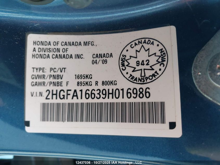 2009 Honda Civic Lx-S VIN: 2HGFA16639H016986 Lot: 12437036