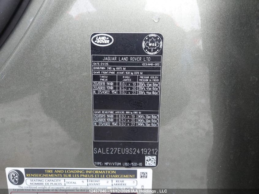 2025 Land Rover Defender 110 P400 X-Dynamic Se VIN: SALE27EU9S2419212 Lot: 12437040