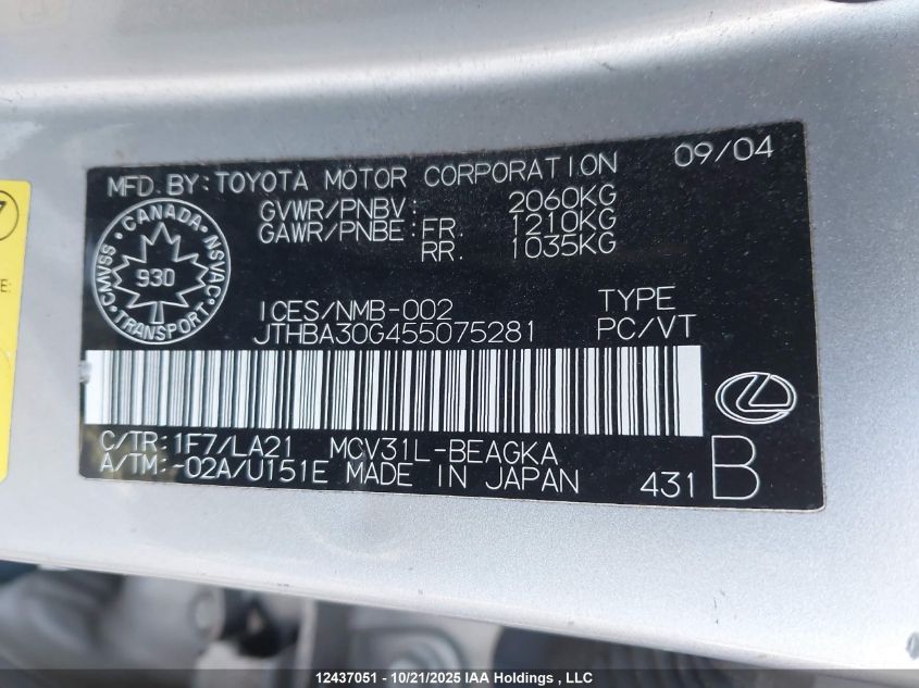 2005 Lexus Es 330 VIN: JTHBA30G455075281 Lot: 12437051