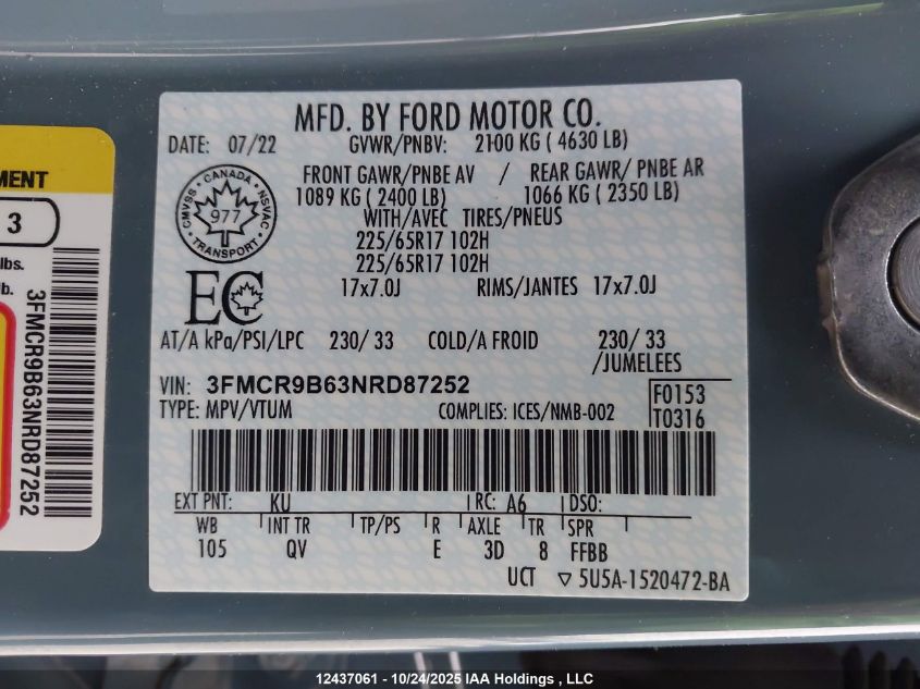 2022 Ford Bronco Sport Big Bend VIN: 3FMCR9B63NRD87252 Lot: 12437061