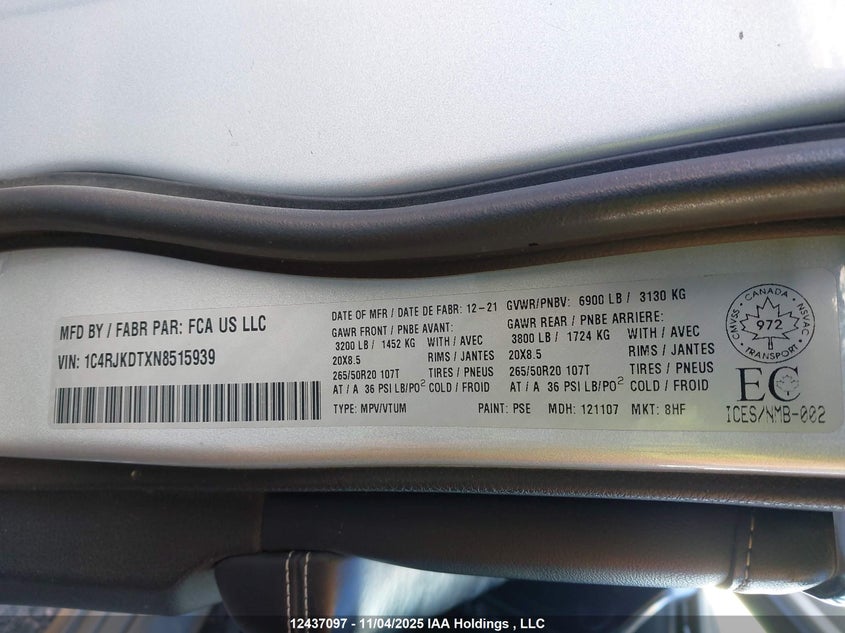 1C4RJKDTXN8515939 2022 JEEP GRAND CHEROKEE photo no. 9