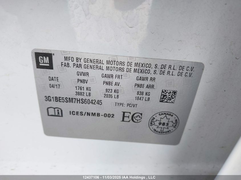 2017 Chevrolet Cruze Lt VIN: 3G1BE5SM7HS604245 Lot: 12437106