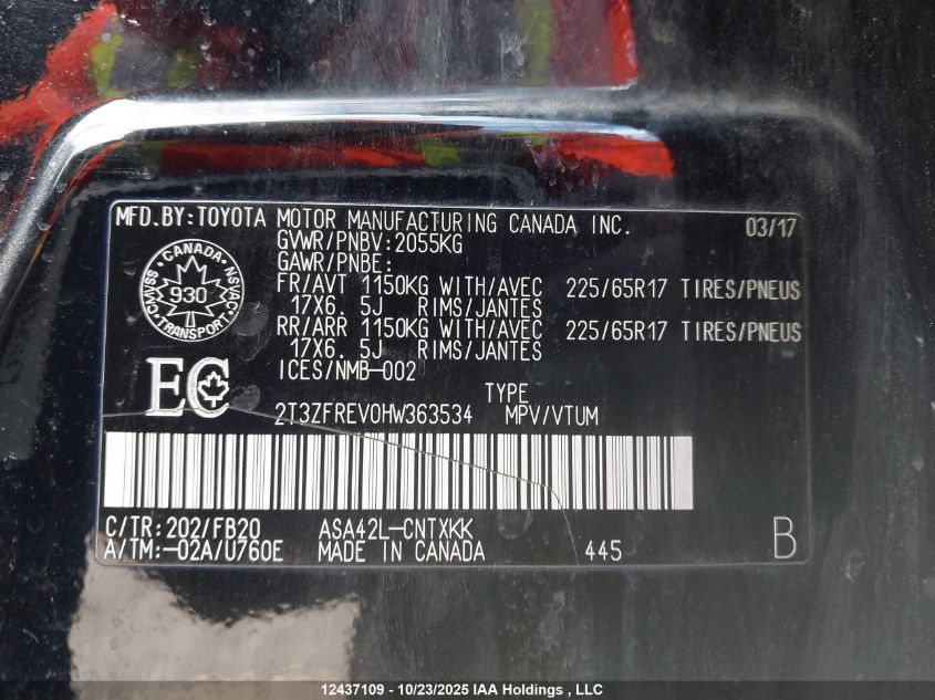 2017 Toyota Rav4 Le VIN: 2T3ZFREV0HW363534 Lot: 12437109