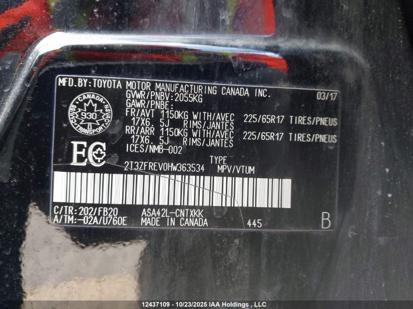 2017 Toyota Rav4 Le VIN: 2T3ZFREV0HW363534 Lot: 12437109