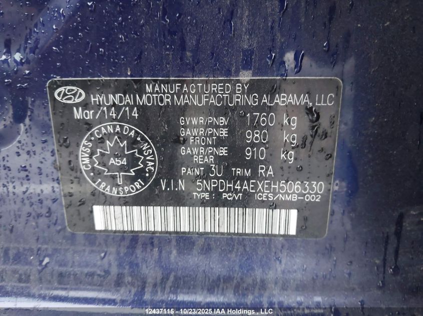 2014 Hyundai Elantra VIN: 5NPDH4AEXEH506330 Lot: 12437115