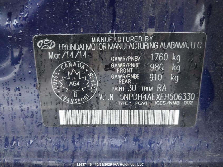 2014 Hyundai Elantra VIN: 5NPDH4AEXEH506330 Lot: 12437115