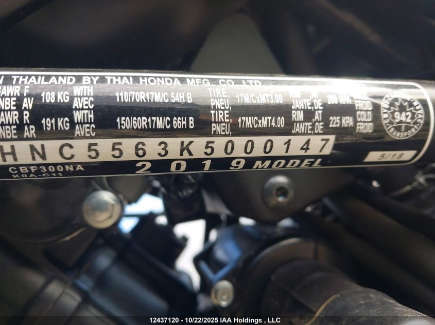 2019 Honda Cb300 Ra VIN: MLHNC5563K5000147 Lot: 12437120