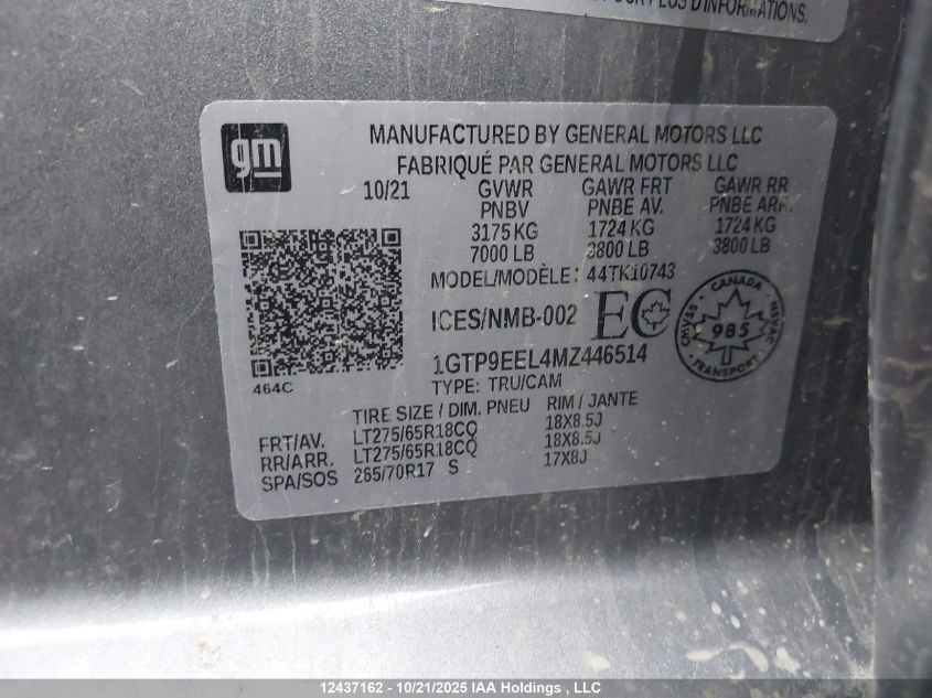 2021 GMC Sierra 1500 At4 VIN: 1GTP9EEL4MZ446514 Lot: 12437162