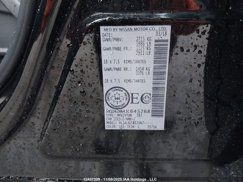 2018 Nissan Pathfinder S/Sv/Sl/Platinum VIN: 5N1DR2MN4JC645268 Lot: 12437209