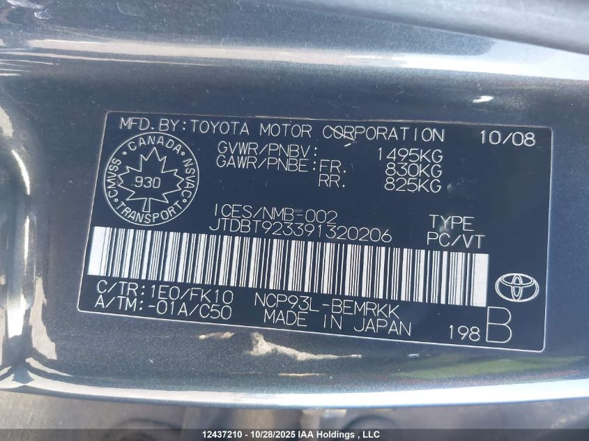 2009 Toyota Yaris VIN: JTDBT923391320206 Lot: 12437210