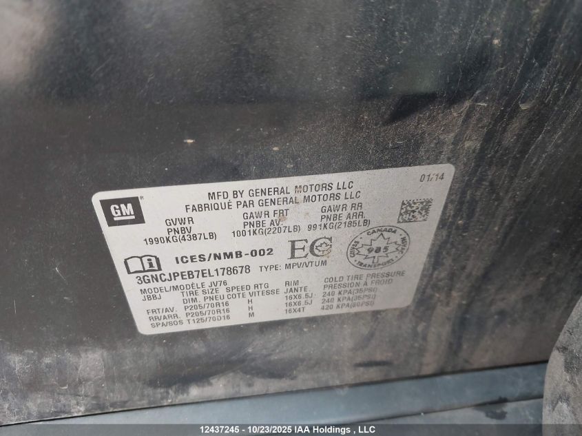 2014 Chevrolet Trax 1Lt VIN: 3GNCJPEB7EL178678 Lot: 12437245