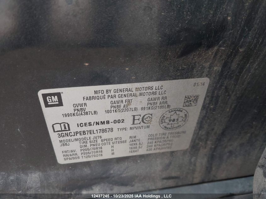 2014 Chevrolet Trax 1Lt VIN: 3GNCJPEB7EL178678 Lot: 12437245