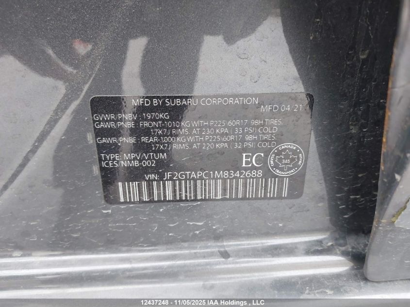 2021 Subaru Crosstrek Premium VIN: JF2GTAPC1M8342688 Lot: 12437248