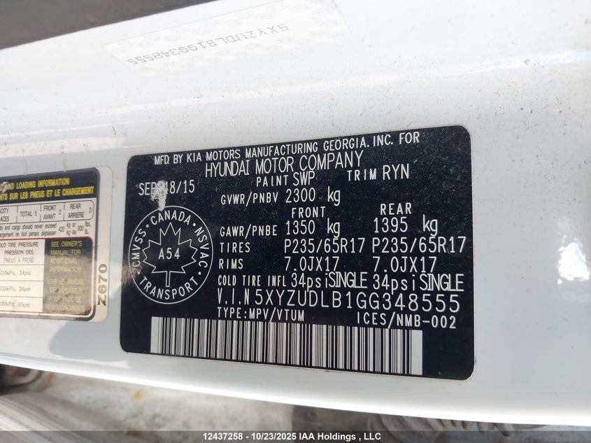 5XYZUDLB1GG348555 2016 HYUNDAI SANTA FE photo no. 9