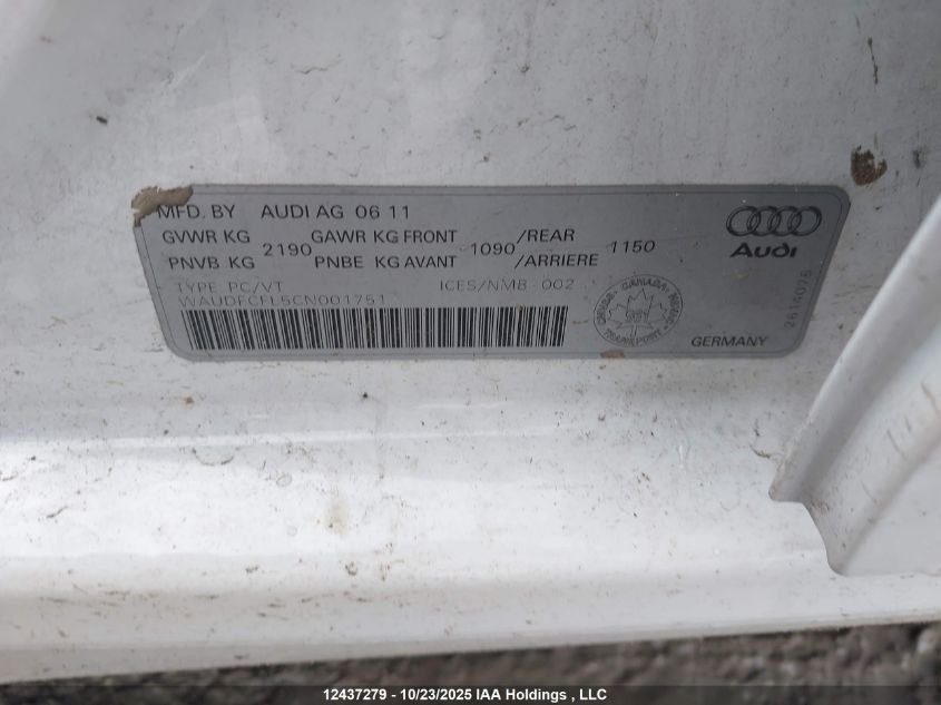 2012 Audi A4 Premium VIN: WAUDFCFL5CN001751 Lot: 12437279