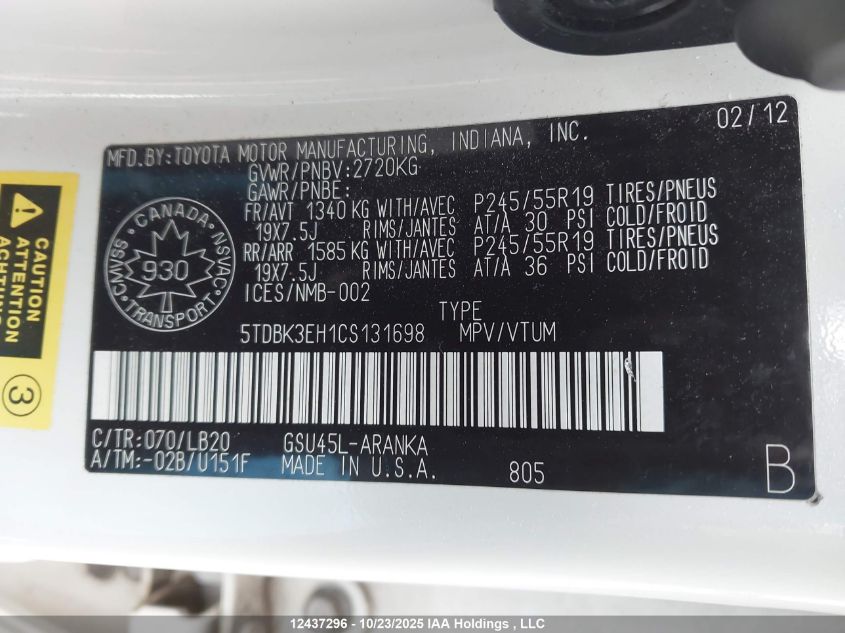 2012 Toyota Highlander Se VIN: 5TDBK3EH1CS131698 Lot: 12437296