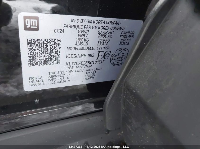 2025 Chevrolet Trax Ls Fwd VIN: KL77LFE26SC104512 Lot: 12437363