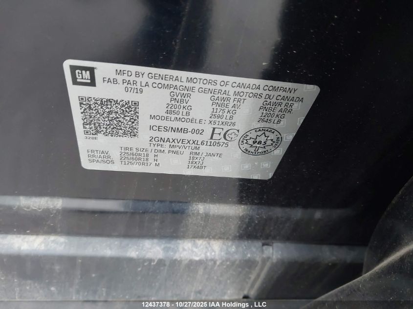 2020 Chevrolet Equinox VIN: 2GNAXVEXXL6110575 Lot: 12437378