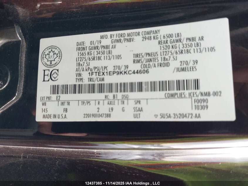 1FTEX1EP9KKC44606 2019 FORD F-150 photo no. 9