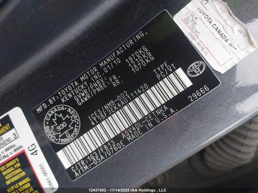 2010 Toyota Camry Le VIN: 4T1BF3EK4AU111420 Lot: 12437402