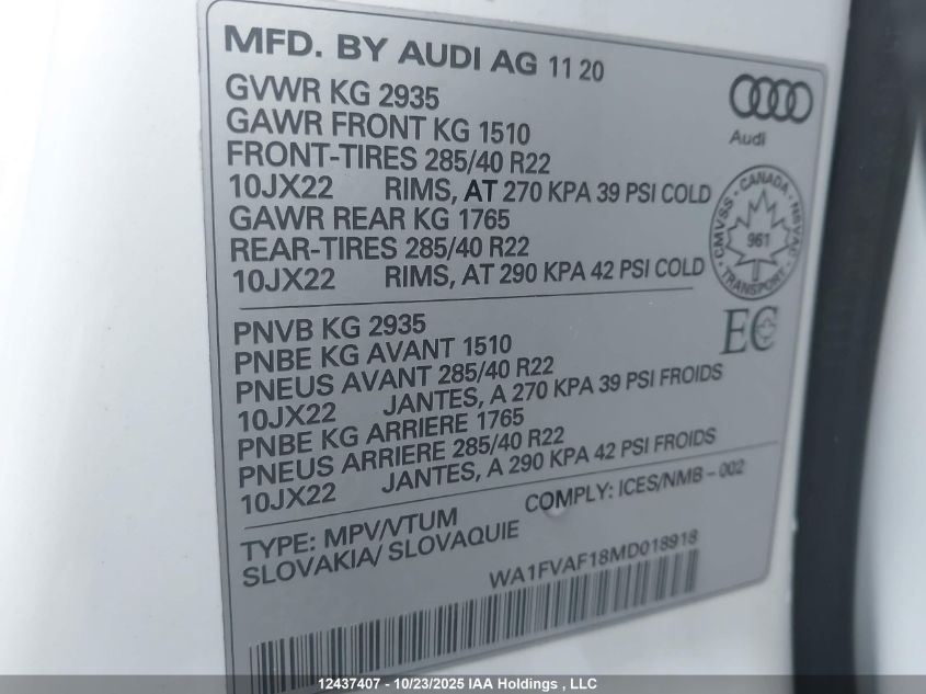 2021 Audi Q8 Prestige S-Line VIN: WA1FVAF18MD018918 Lot: 12437407