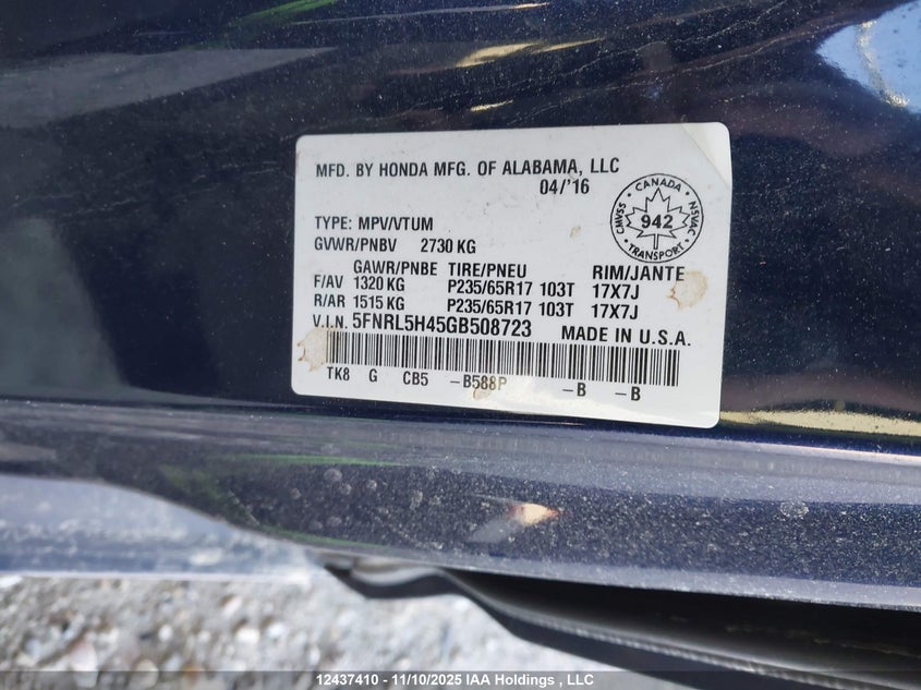 5FNRL5H45GB508723 2016 HONDA ODYSSEY photo no. 18