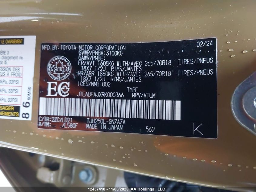 2024 Toyota Land Cruiser VIN: JTEABFAJXRK000366 Lot: 12437418